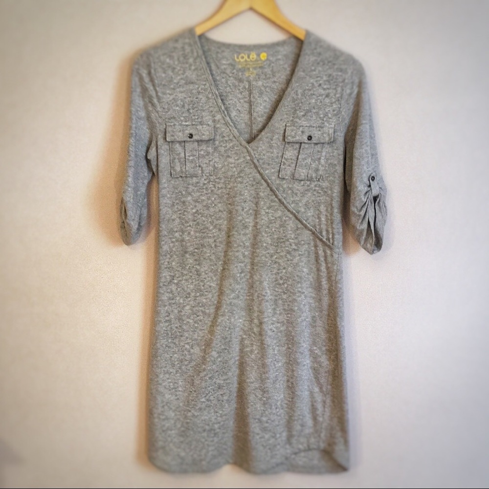 LOLË Gray Organic Cotton Faux Wrap Dress, Small